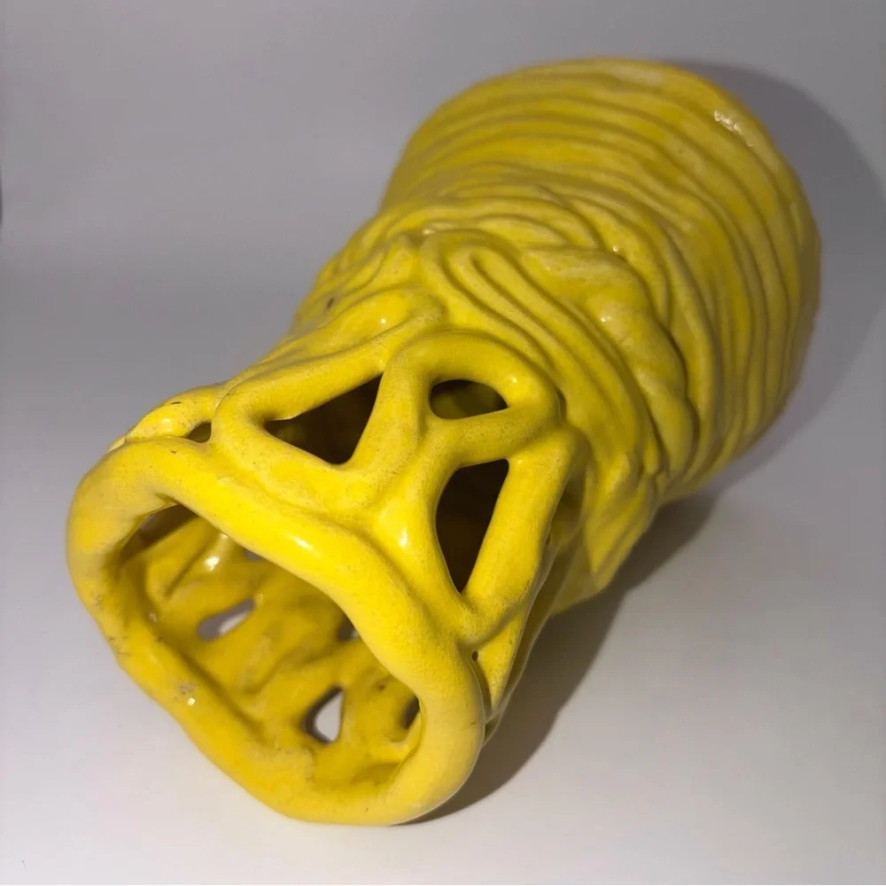 Handmade Yellow Drip Glaze Basket Ceramic Vase / Sculptural Art Pottery - Signed